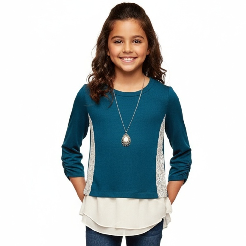 Amy Byer Blouse‎ Girls M 10-12 Blue White Layered Ruched Sleeve Knit Boho Chic